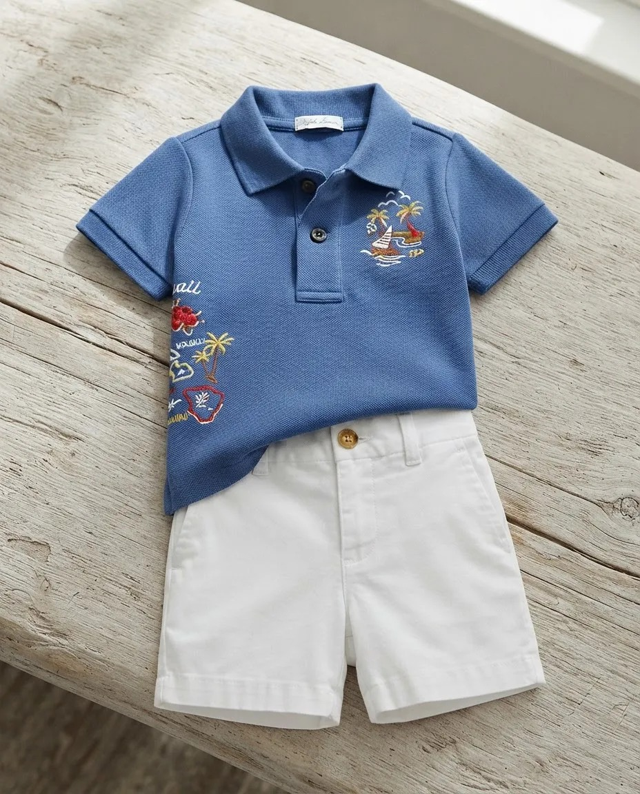 Conjunto Kids Polo Azul Hawaii & Bermuda Branca