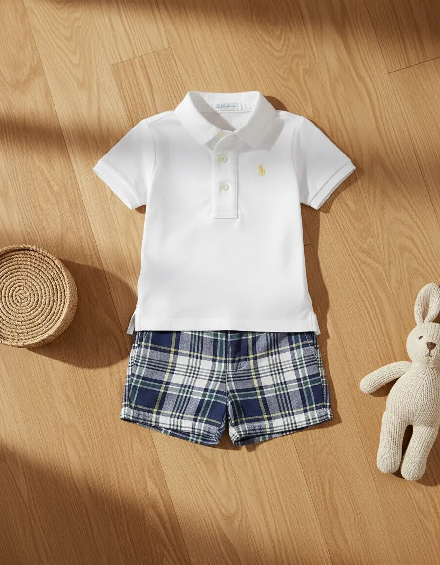 Conjunto Kids Polo Branca & Bermuda Xadrez Azul